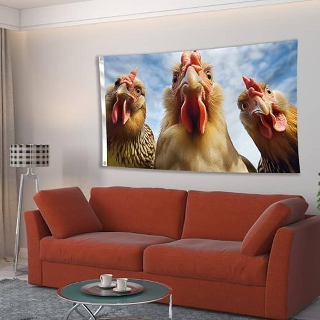 Chicken portrait wall flag with three cartoon chicken faces displayed in a living room