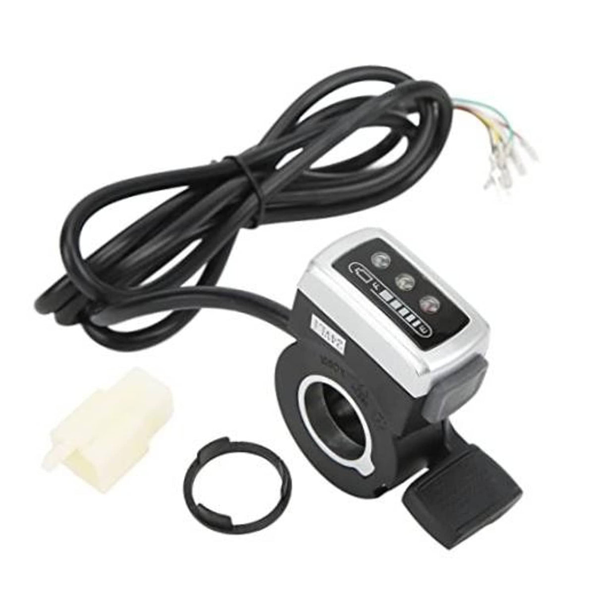 Electric thumb throttle switch with black cable, silver display module, mounting ring