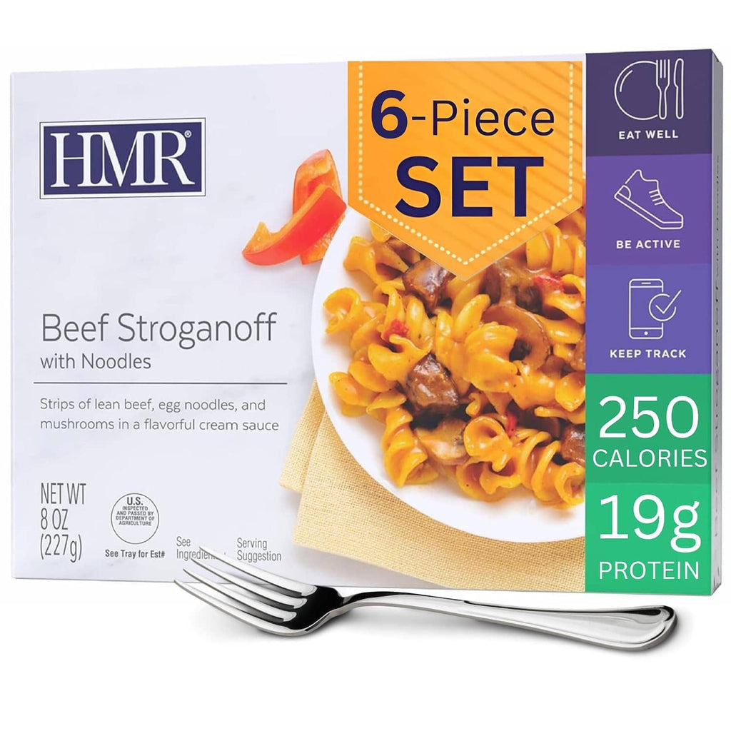 Beef stroganoff with noodles ready-meal box with 6-piece set packaging