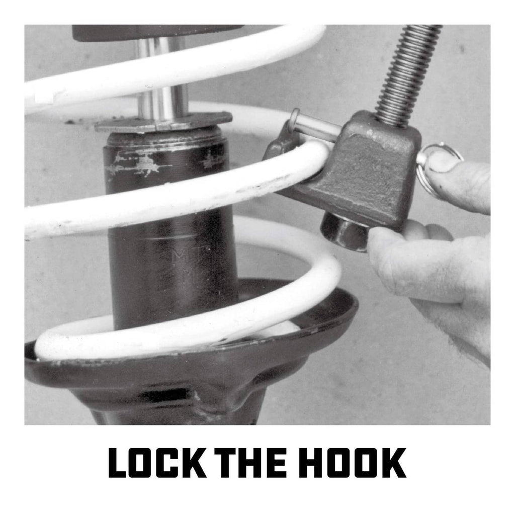 Strut spring compressor tool compressing a coil spring with hook and threaded bar