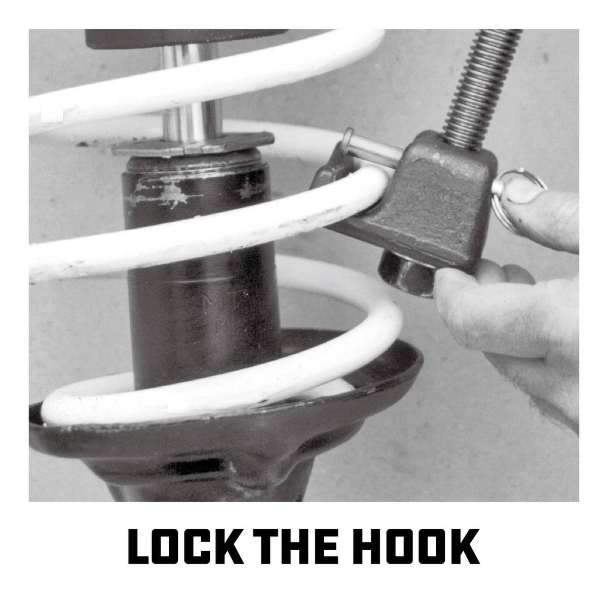 Strut spring compressor tool compressing a coil spring with hook and threaded bar