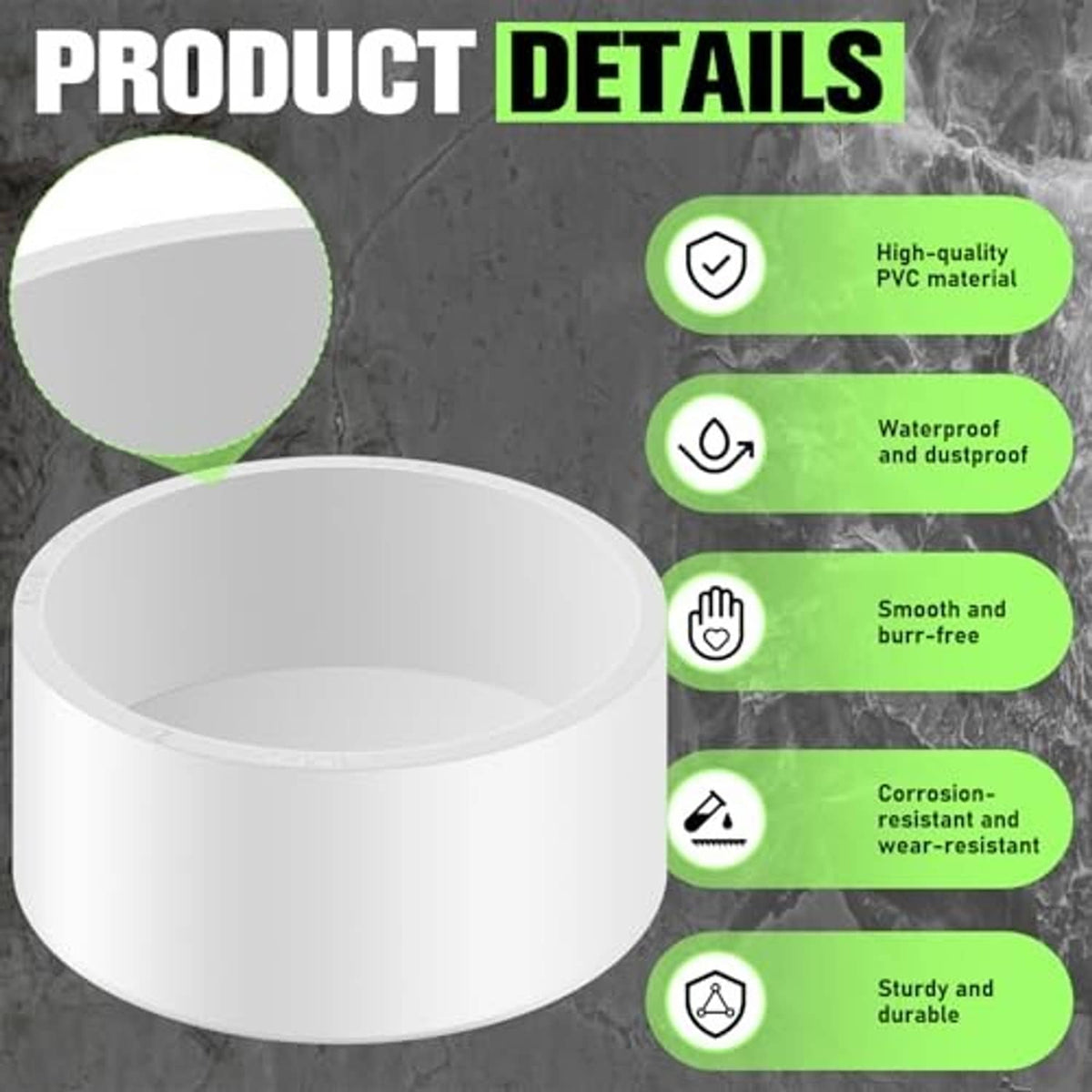 White PVC pipe end cap with smooth rim and circular opening