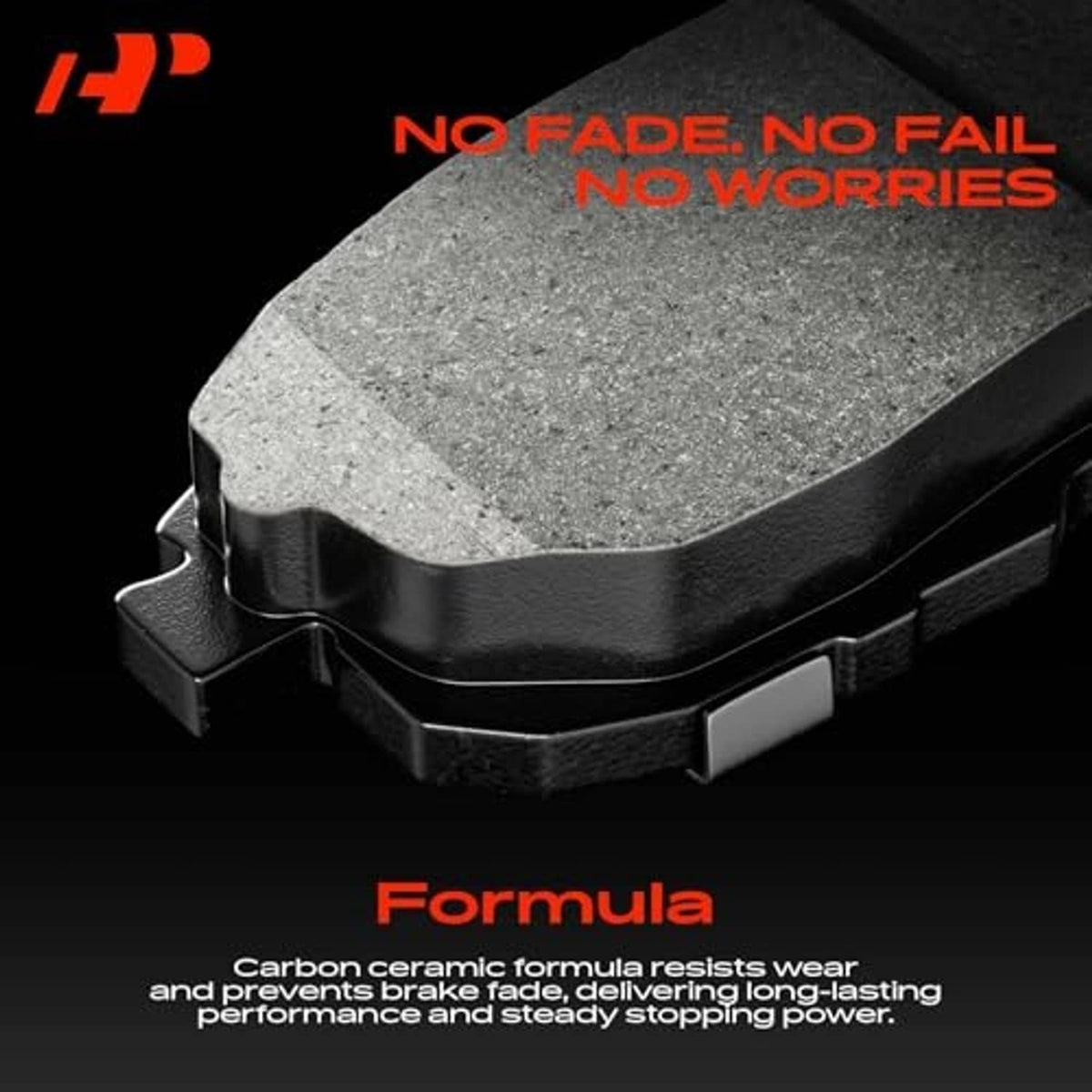 Close-up ceramic brake pad with textured friction surface for quiet, fade-resistant braking