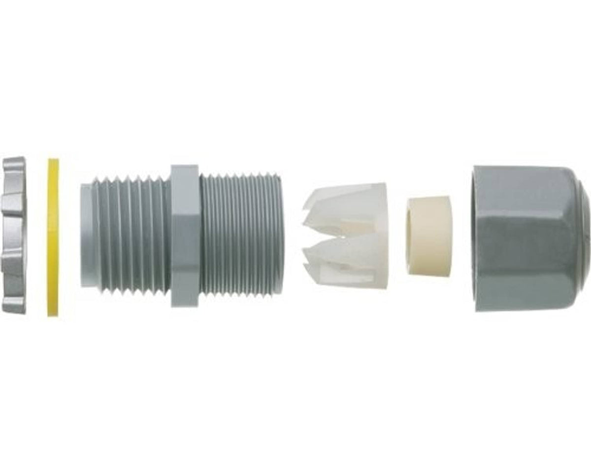 Gray 1/2-inch strain relief electrical cord connector with threaded ends and yellow ring