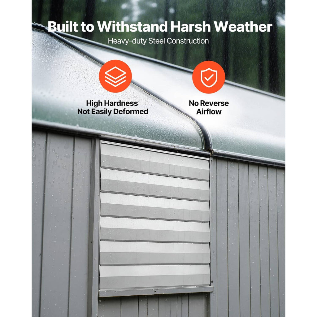 Silver steel wall-mounted exhaust fan with louvered shutter, shown with water droplets