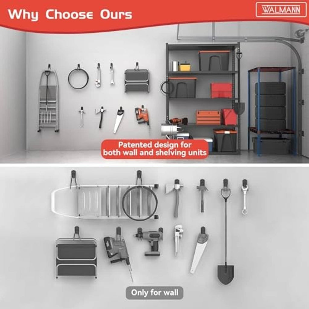 Black wall-mounted hooks organizing tools and accessories on a garage wall