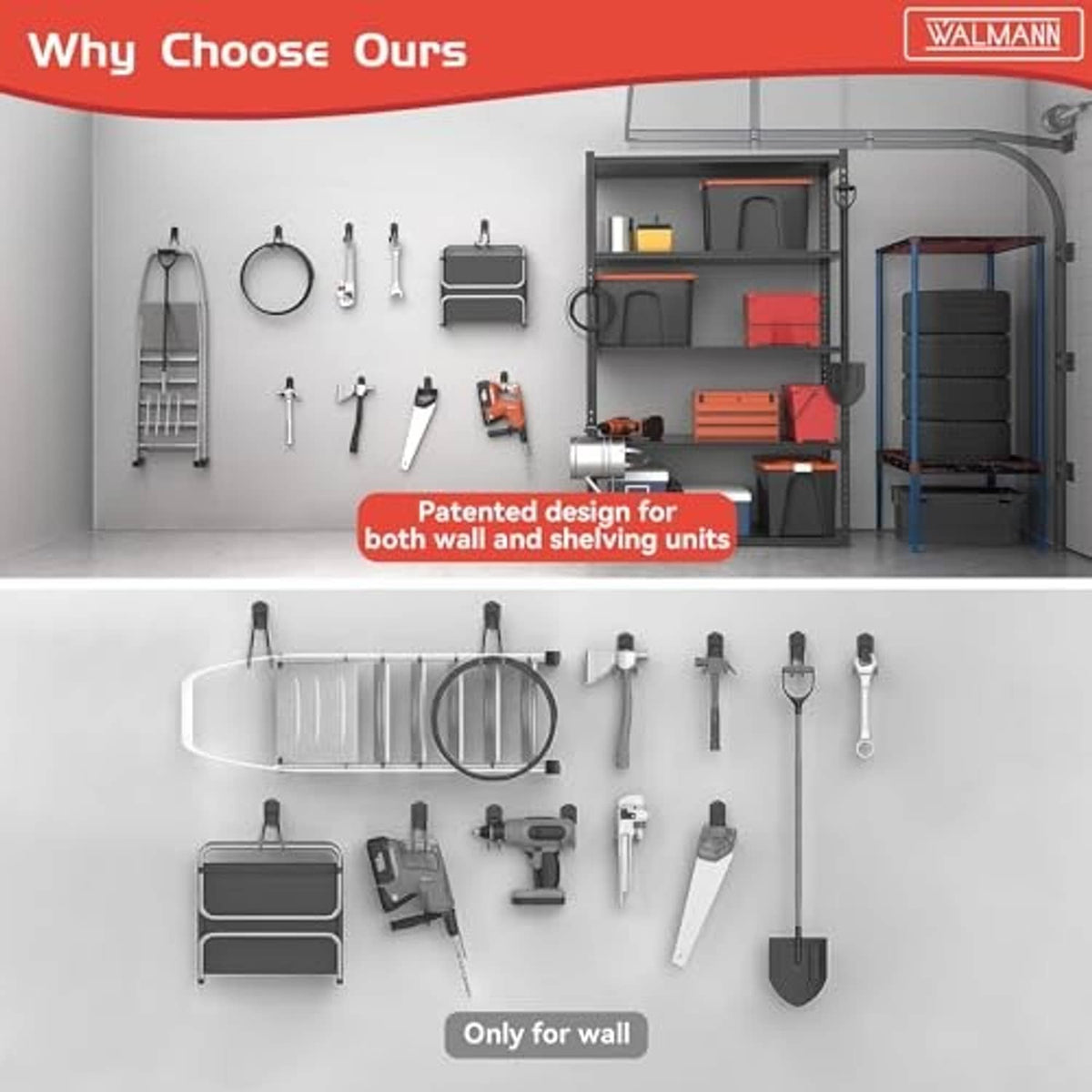Black wall-mounted hooks organizing tools and accessories on a garage wall