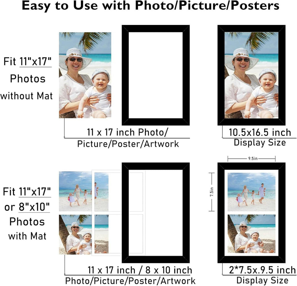 Double photo frame with two openings for 11x17 or 8x10 photos