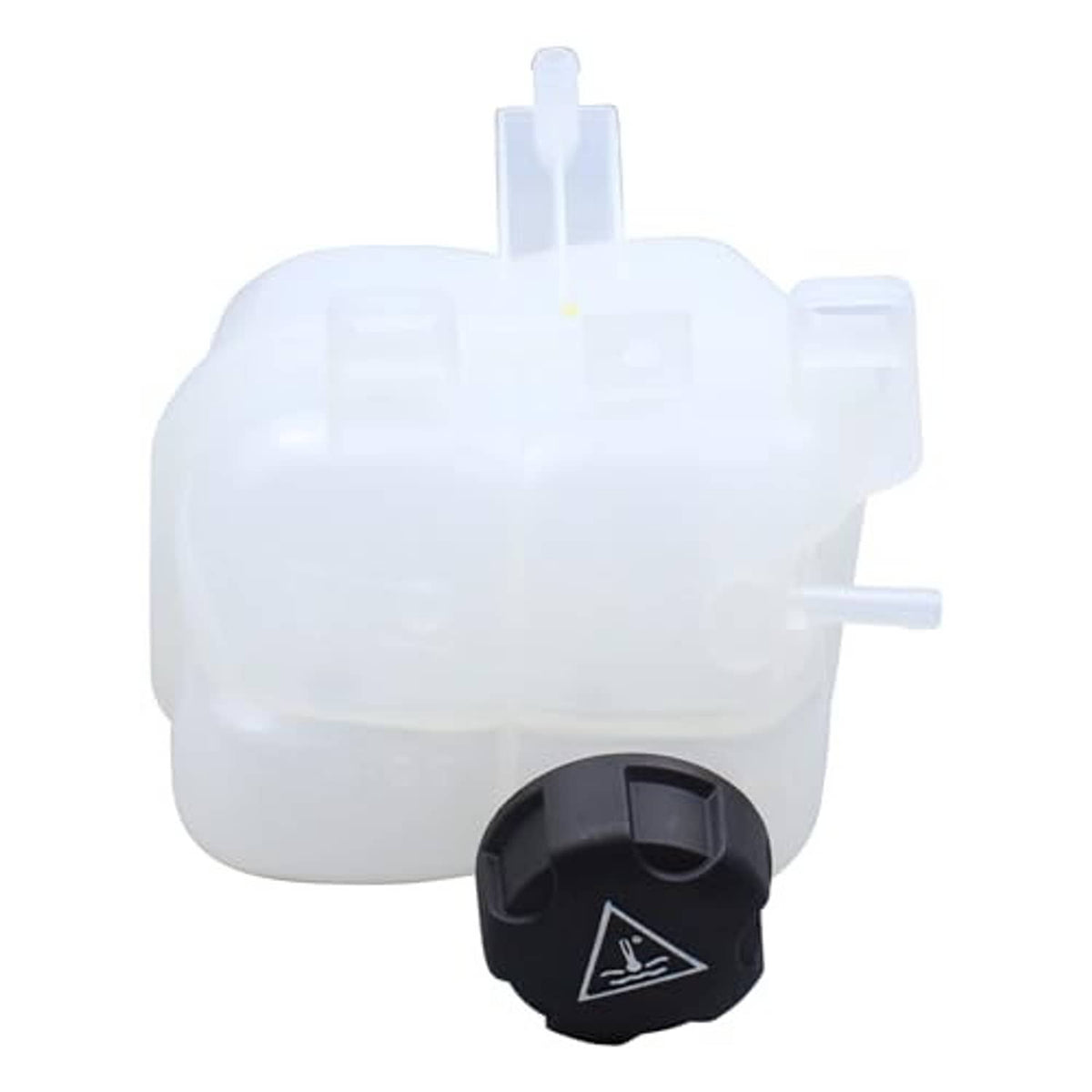 Coolant reservoir expansion tank with translucent white body and black caution cap