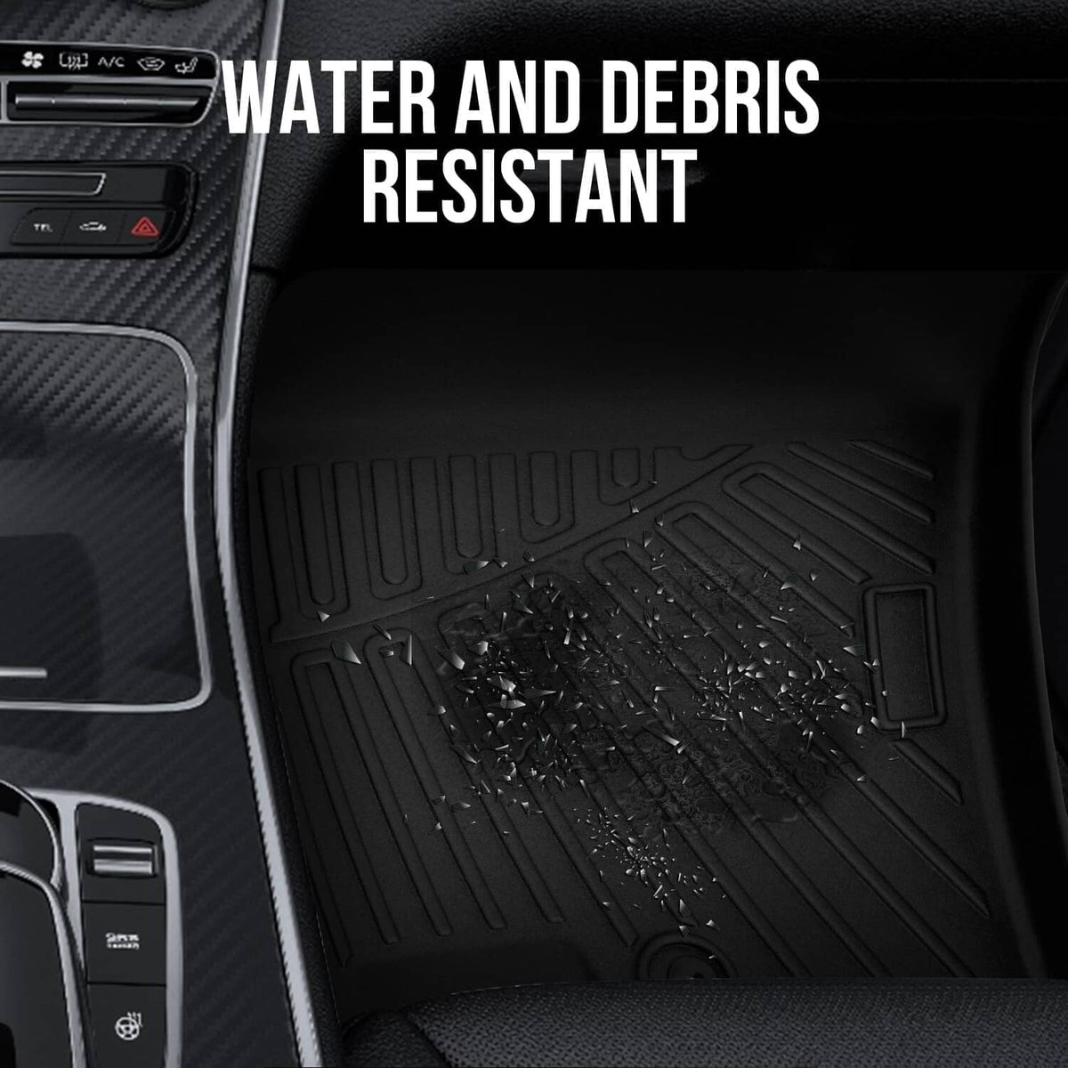 Black floor mat with deep ridges and water-shedding textured pattern