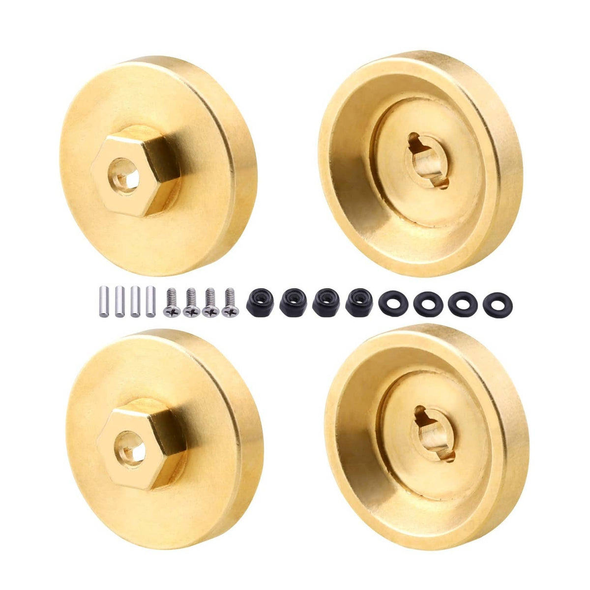Gold brass wheel weight adapters with hex drive, central mounting holes, and hardware