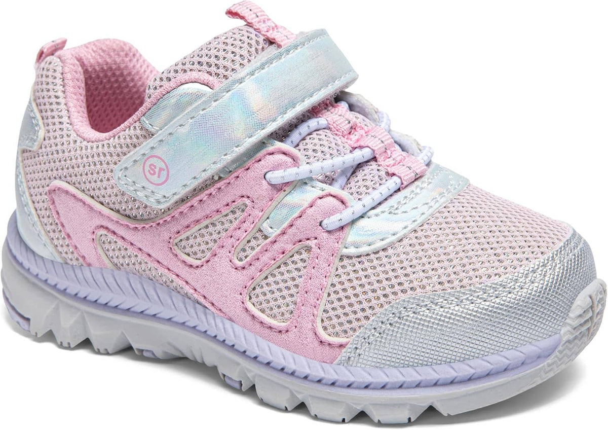 Kids lace-up sneaker with pink strap, silver mesh, and purple-gray tread sole
