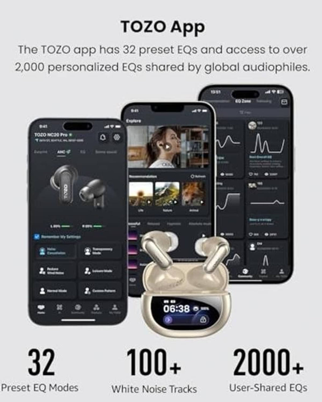 Titanium gold wireless earbuds and charging case shown with app features