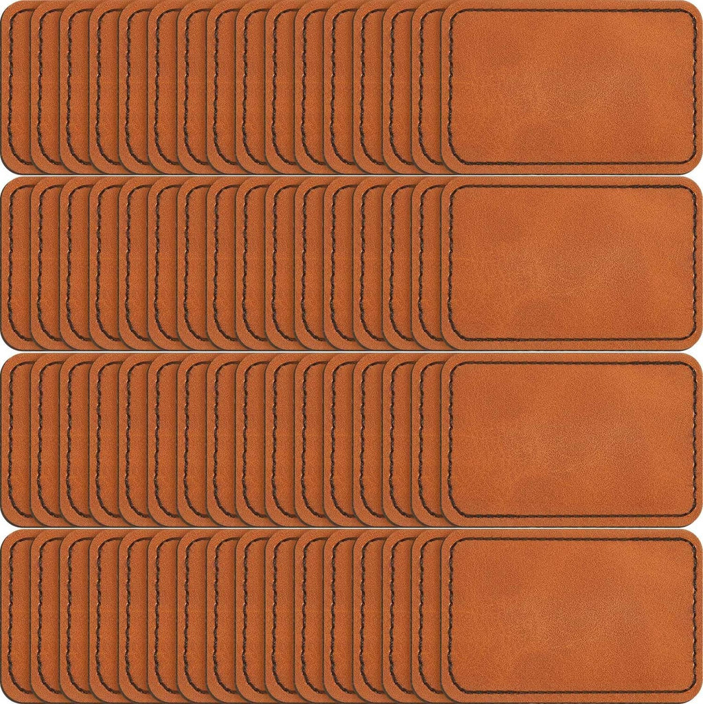 Set of tan leatherette hat patches, blank rectangles with stitched border, stacked