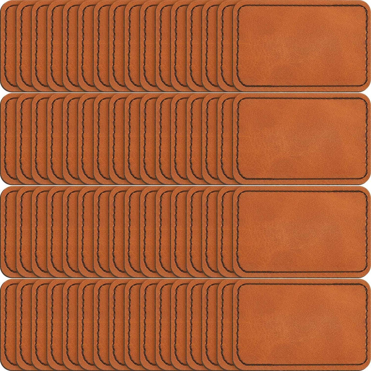 Set of tan leatherette hat patches, blank rectangles with stitched border, stacked