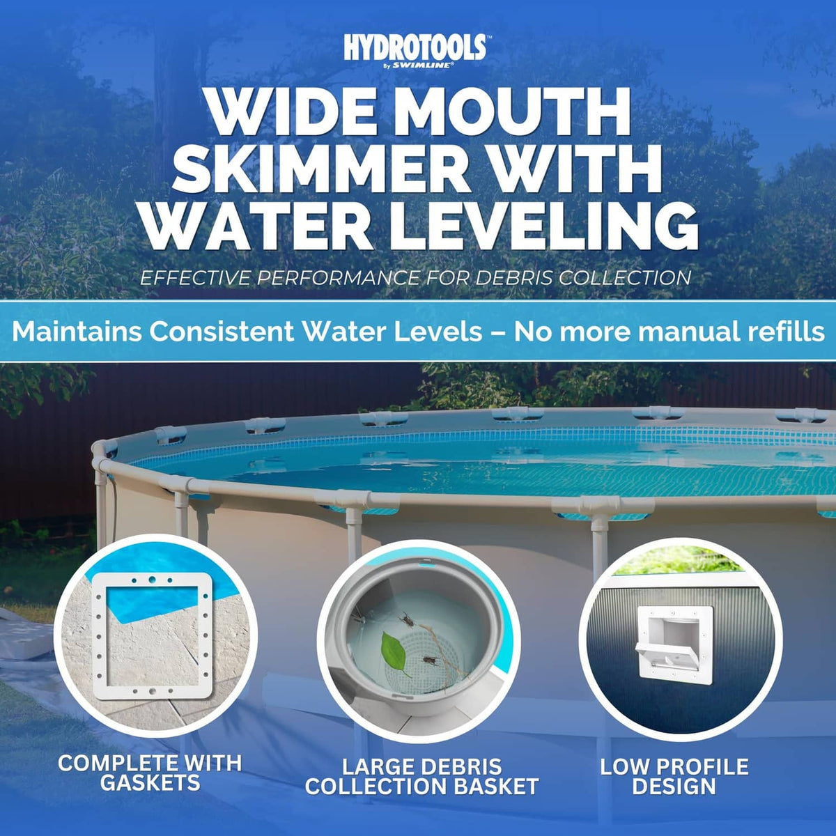 Wide-mouth pool skimmer assembly for above-ground pools with water-leveling feature