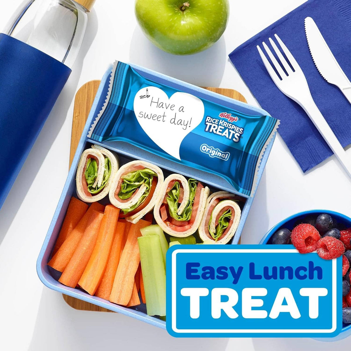Cereal bar package with “Easy Lunch TREAT” label beside sliced lunch items