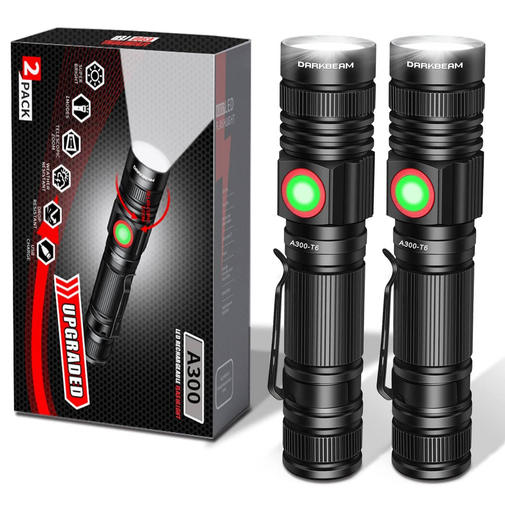 Black LED flashlight, two-pack, with glowing green button on the head