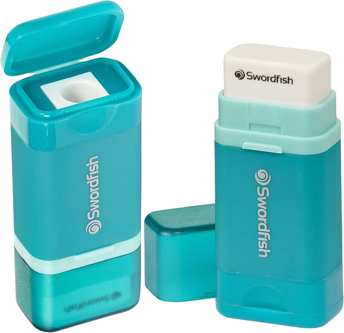 Turquoise pencil sharpener with open canister and eraser, Swordfish logo