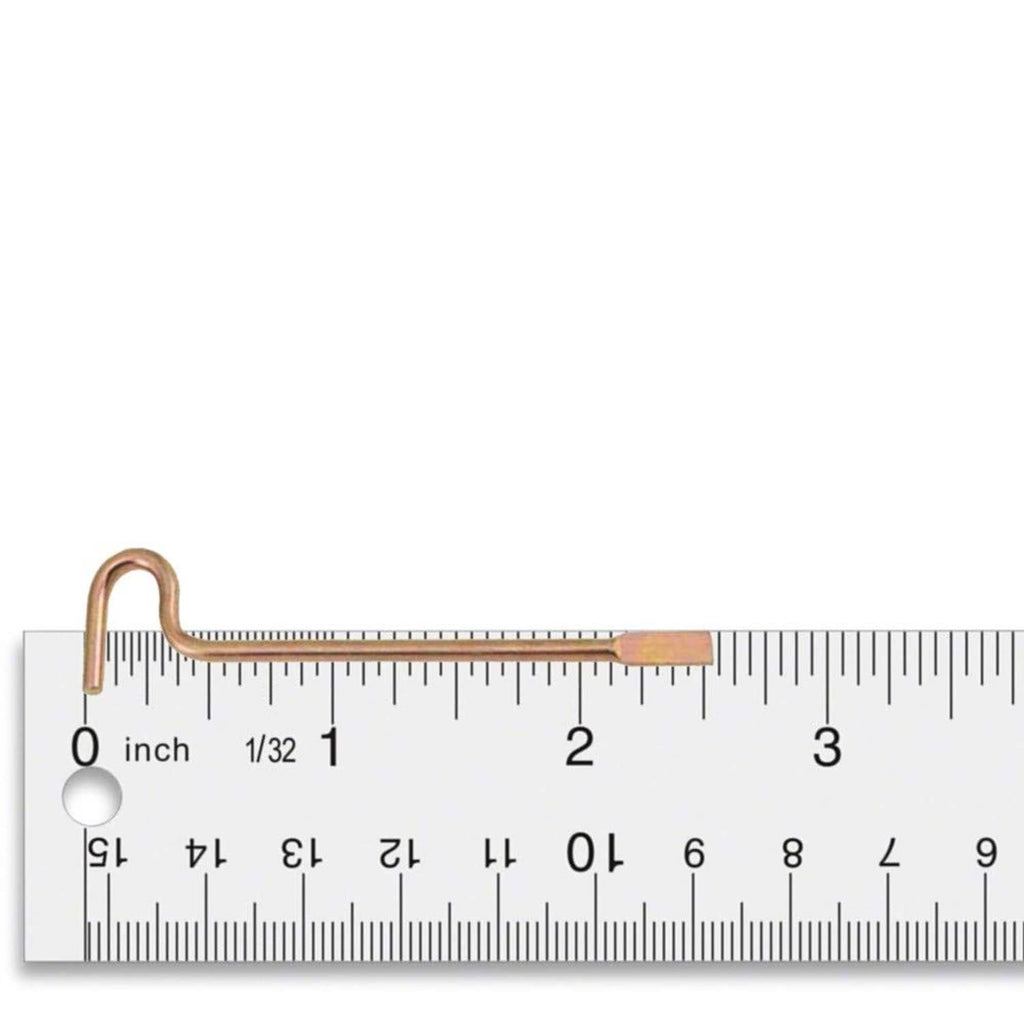 Metal door emergency key with curved hook end, measured against ruler