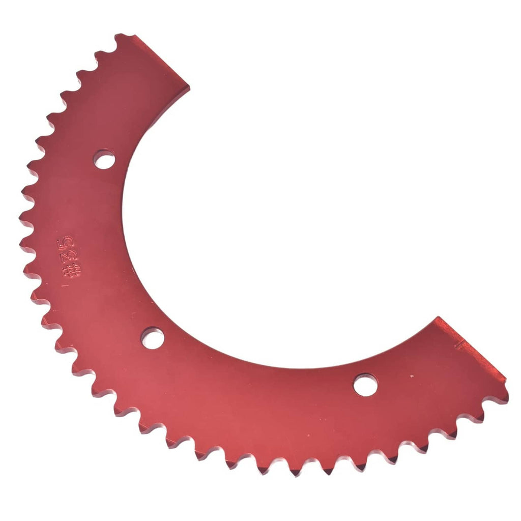 Red split sprocket gear with curved face, teeth, and bolt holes