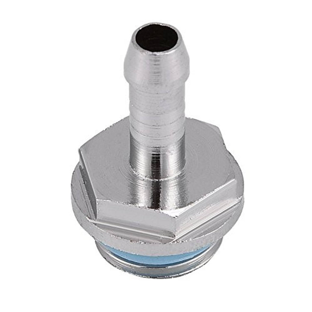 Single silver barb fitting adapter with blue sealing ring and dark inner port