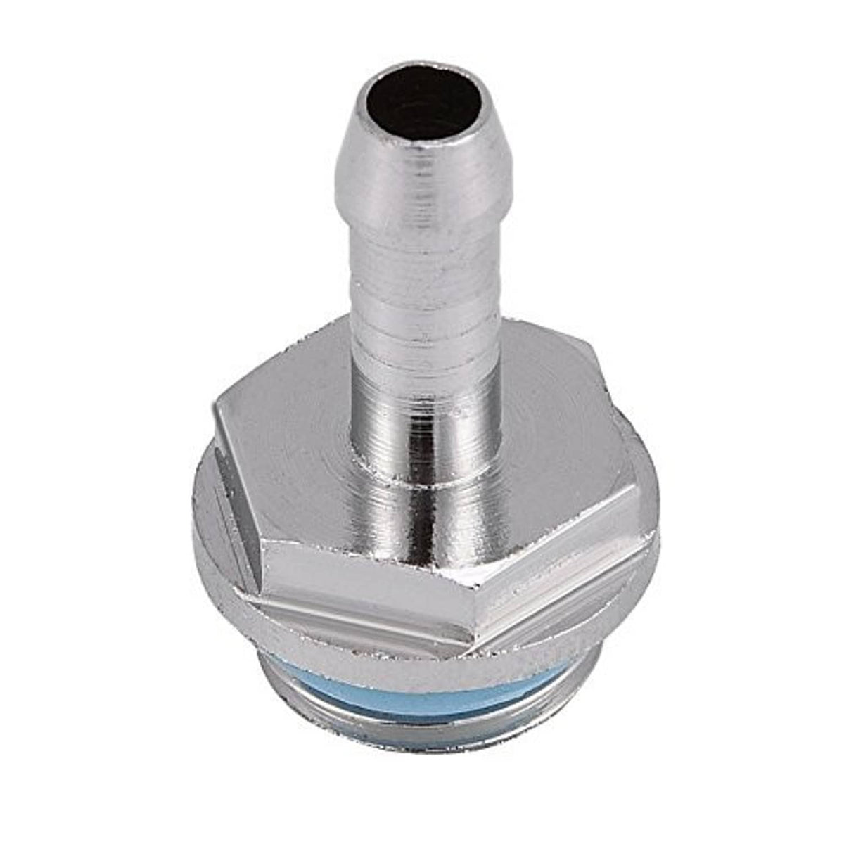 Single silver barb fitting adapter with blue sealing ring and dark inner port