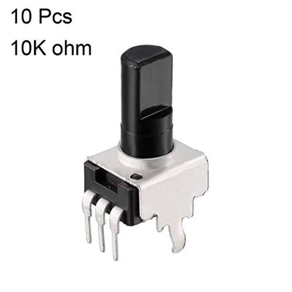 Rotary carbon potentiometer with black knob and metal body, 3 through-hole pins