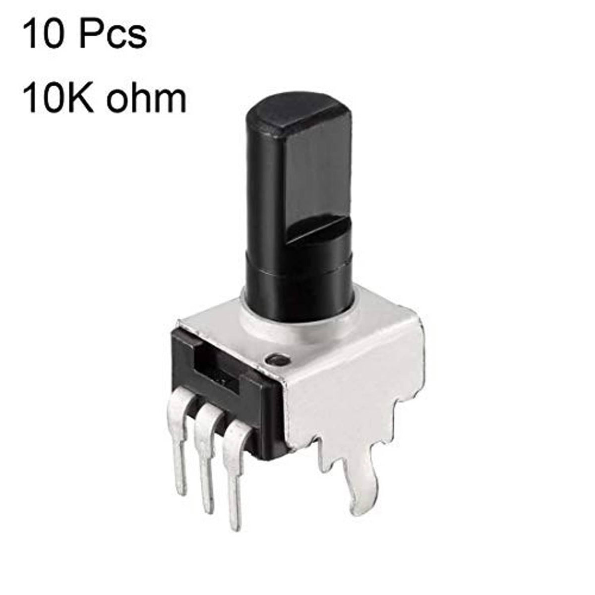 Rotary carbon potentiometer with black knob and metal body, 3 through-hole pins