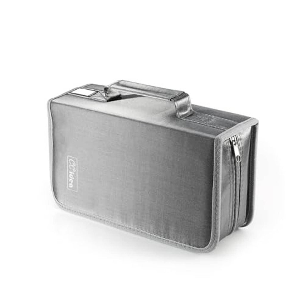 Gray DVD storage case, fully closed with top handle and zipper trim