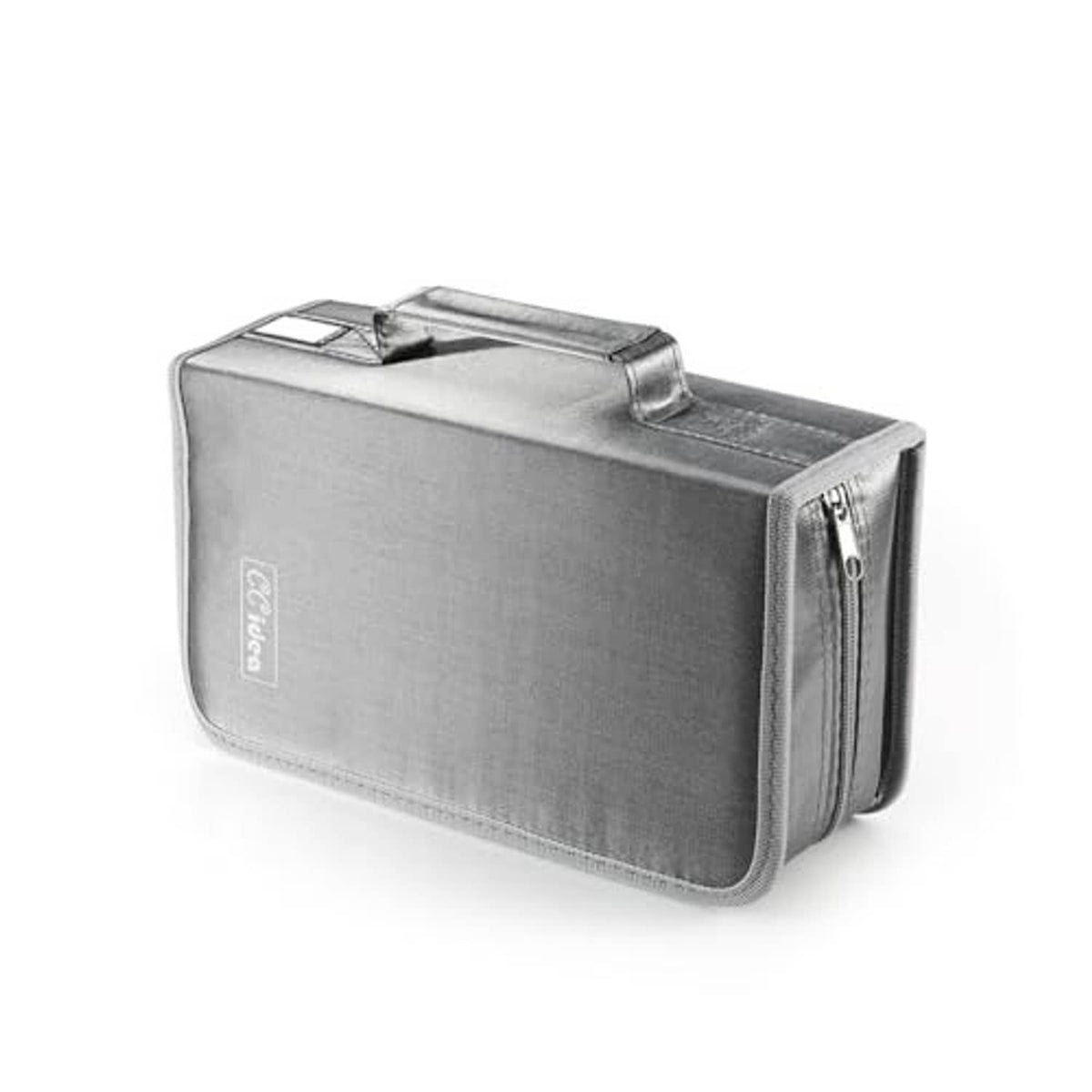 Gray DVD storage case, fully closed with top handle and zipper trim