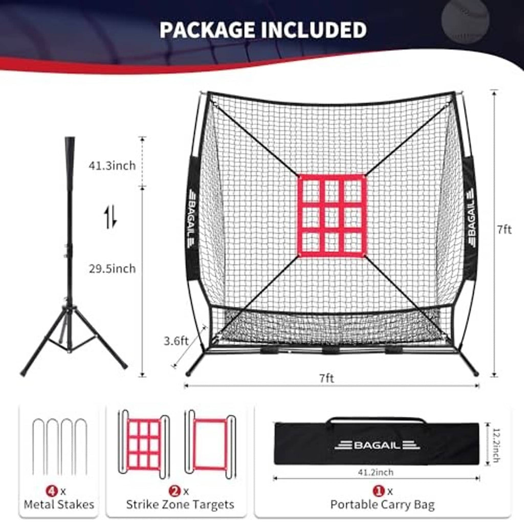 7x7 baseball training net with red strike zone target, metal stakes, targets, carry bag