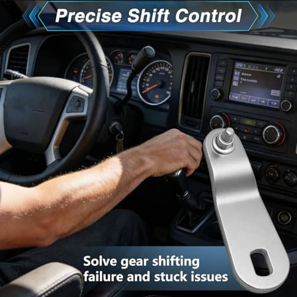 Silver shift lever installed in vehicle interior, with hand gripping the handle