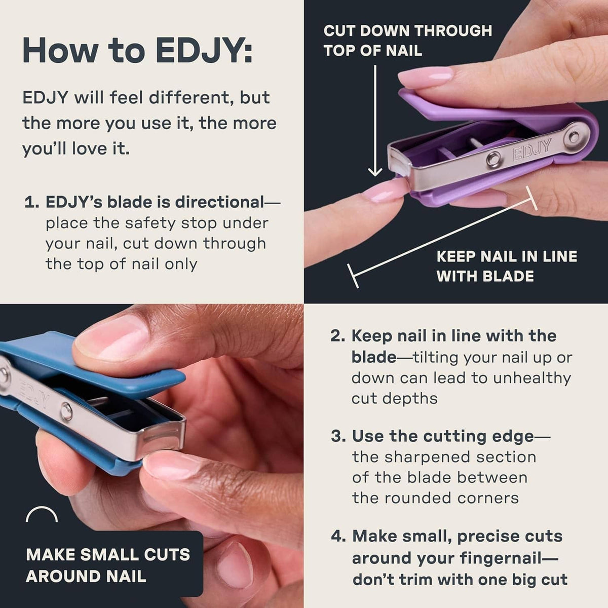 Purple nail clipper with angled blade and safety guard, compact handheld design