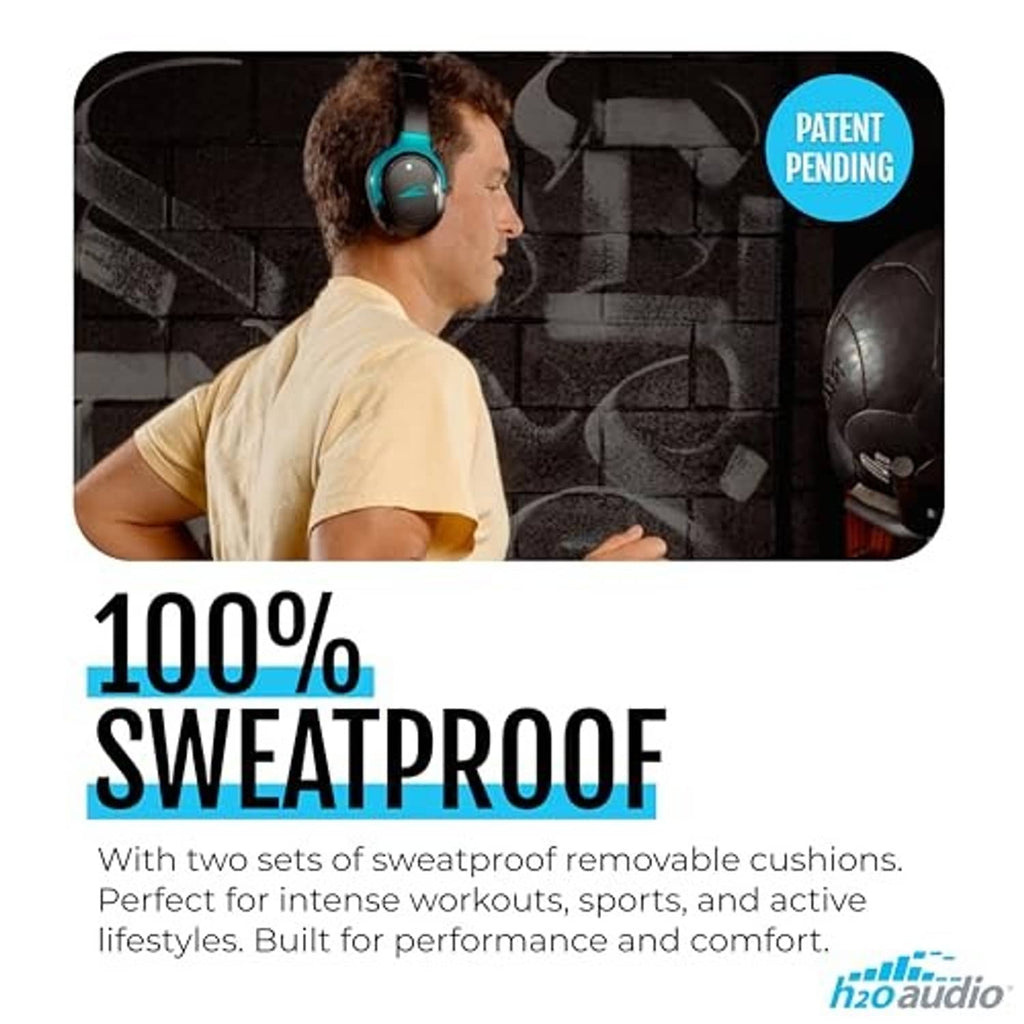 Person wearing black and blue over-the-ear sport headphones, padded ear cups and headband