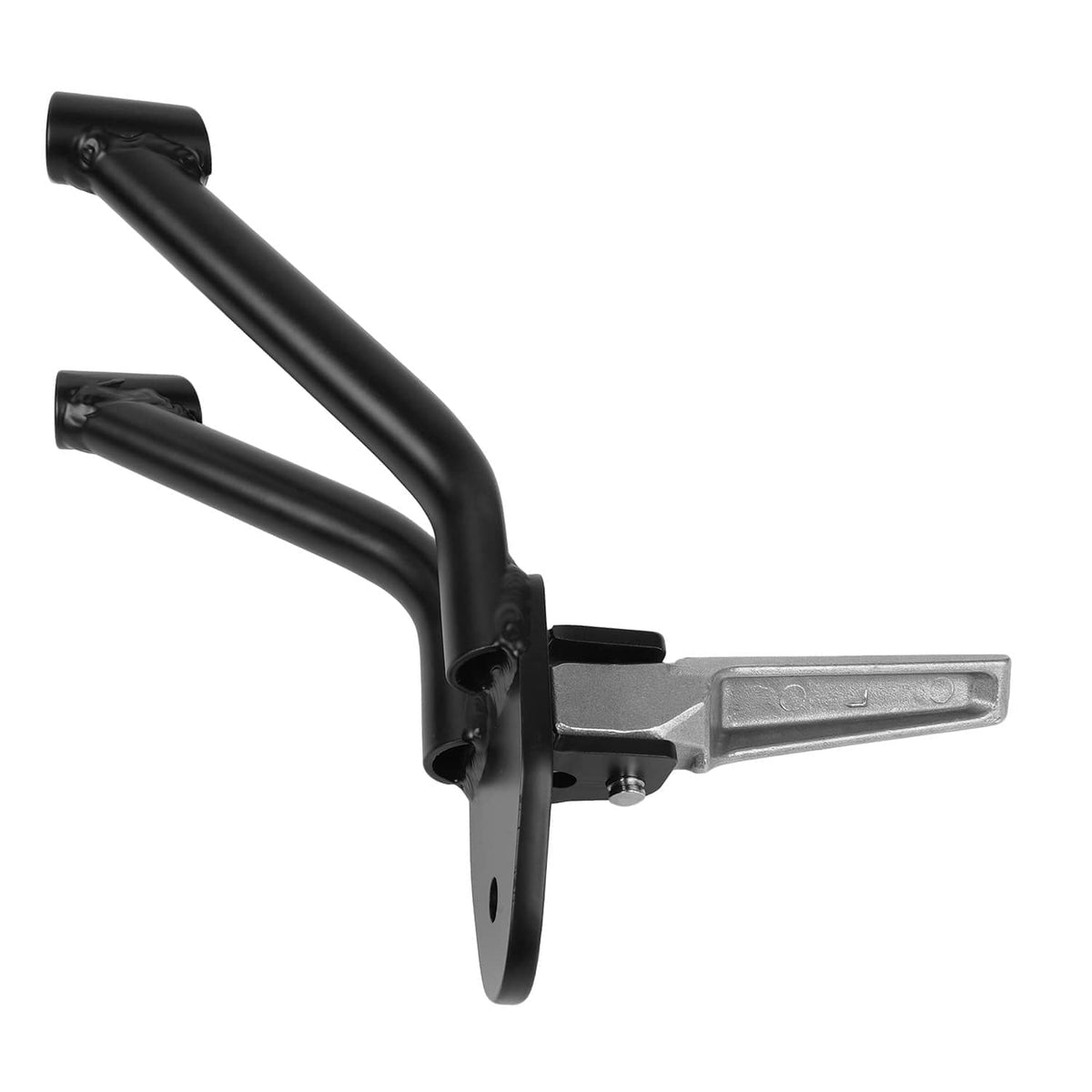 Motorcycle passenger rear foot pegs with black bars and silver metal steps