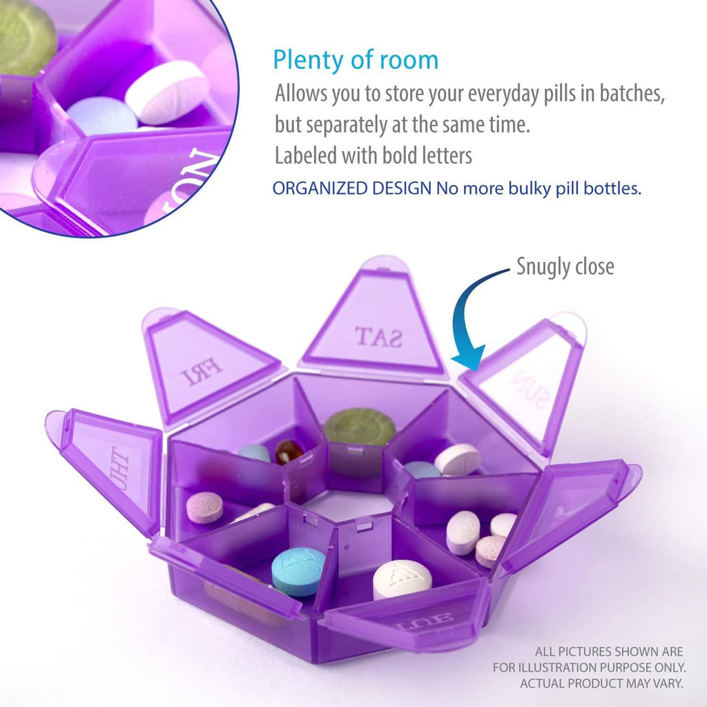 Purple weekly pill organizer with hinged lid, day labels, and visible pills inside