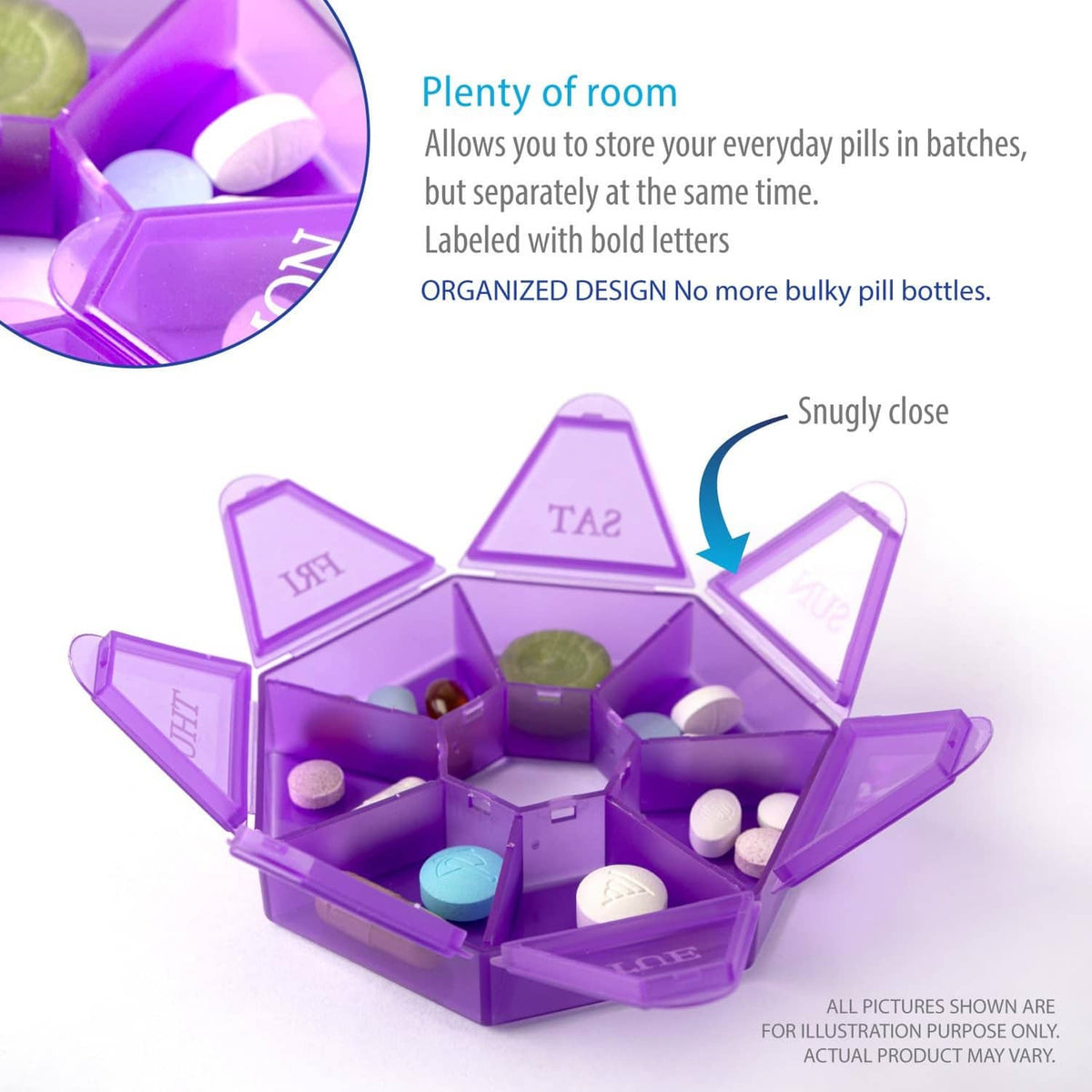 Purple weekly pill organizer with hinged lid, day labels, and visible pills inside