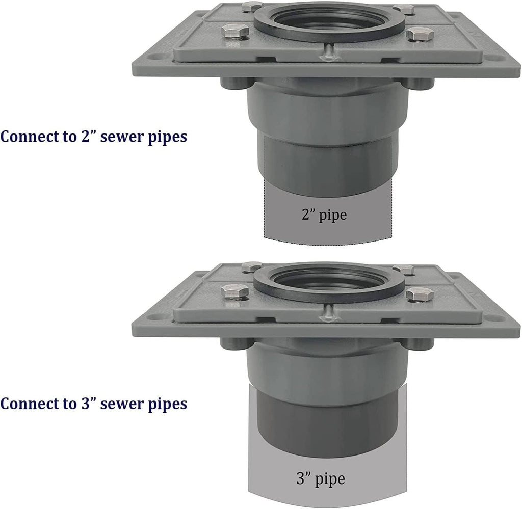 Shower drain base with two outlet adapters for 2-inch and 3-inch sewer pipes
