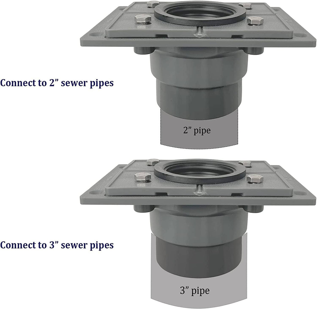 Shower drain base with two outlet adapters for 2-inch and 3-inch sewer pipes