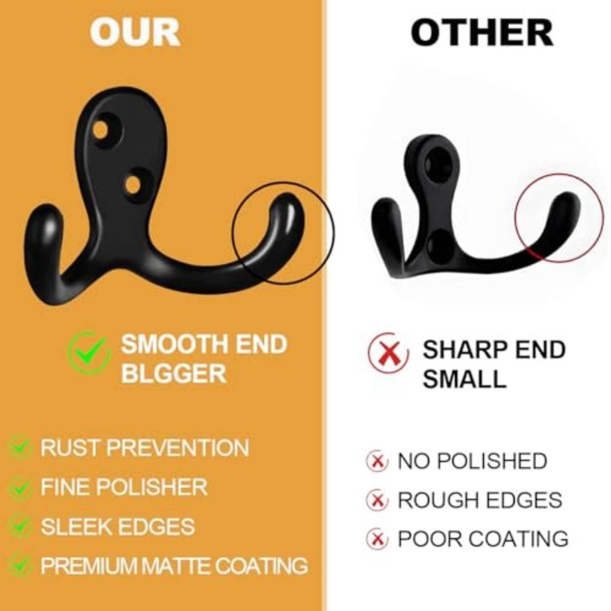 Matte black double-prong coat hooks with rounded smooth ends
