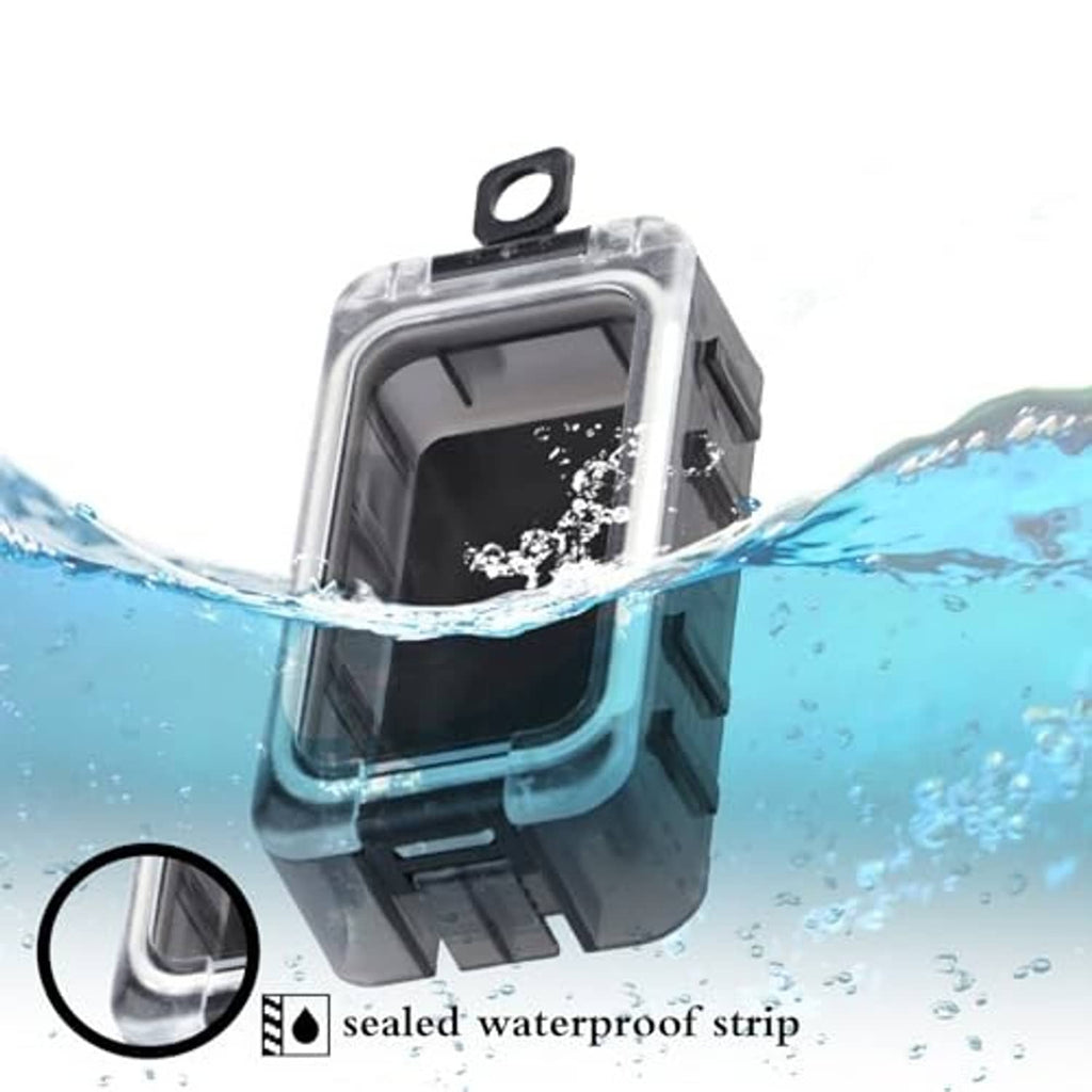 Sealed waterproof tackle box organizer compartment with water splashing over clear lid