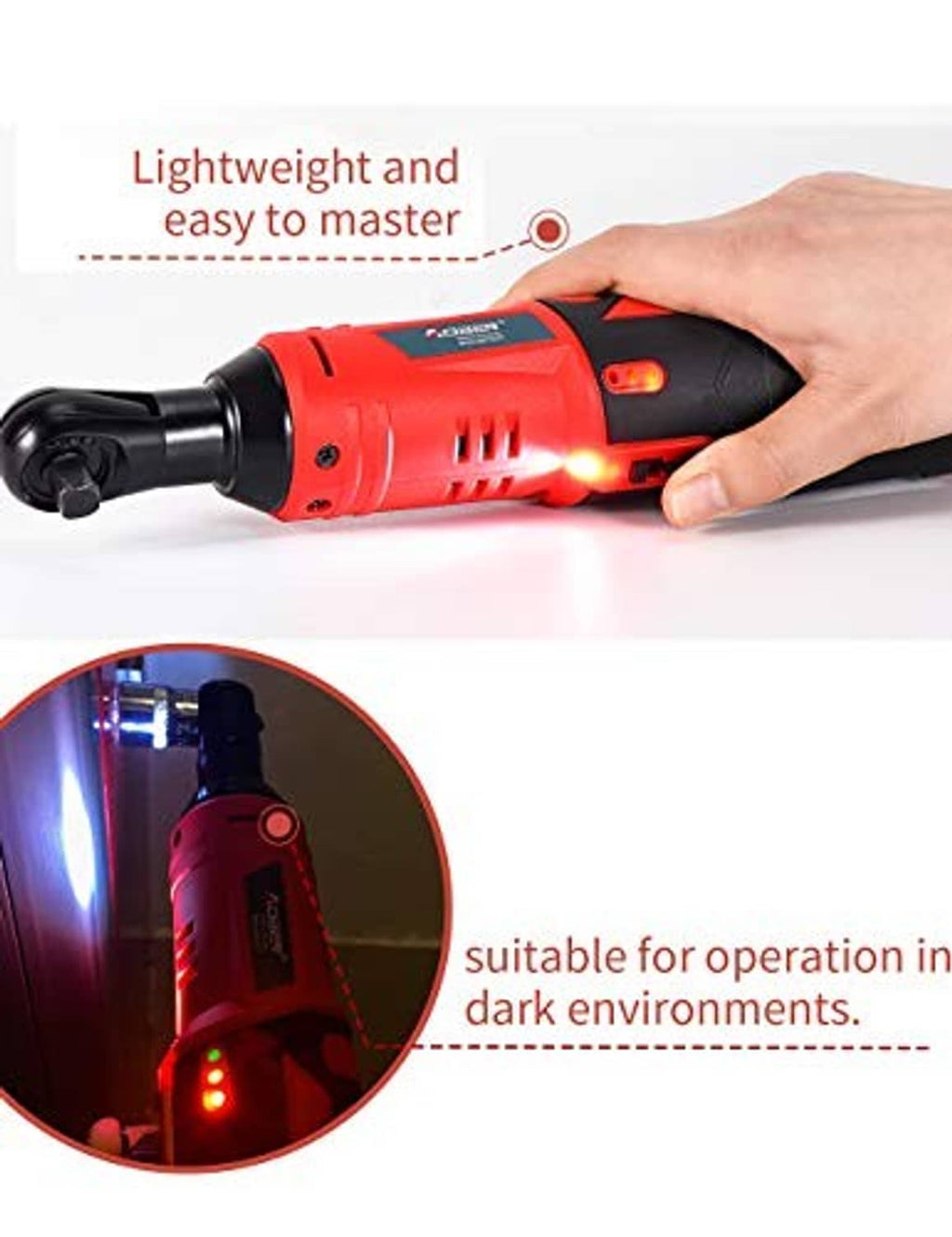 Red-and-black cordless ratchet wrench with illuminated battery and LED status light