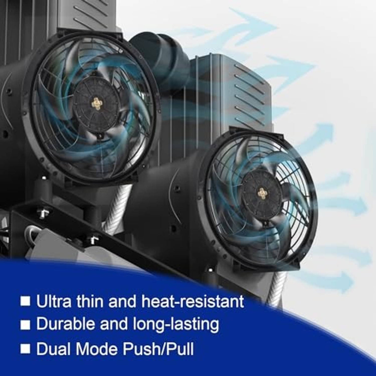Dual push-pull 10-inch black radiator cooling fans mounted side-by-side on brackets