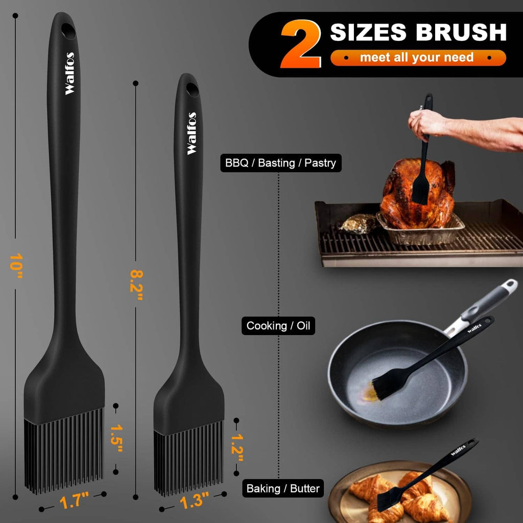 Two-size black silicone basting and pastry brushes with handle measurements