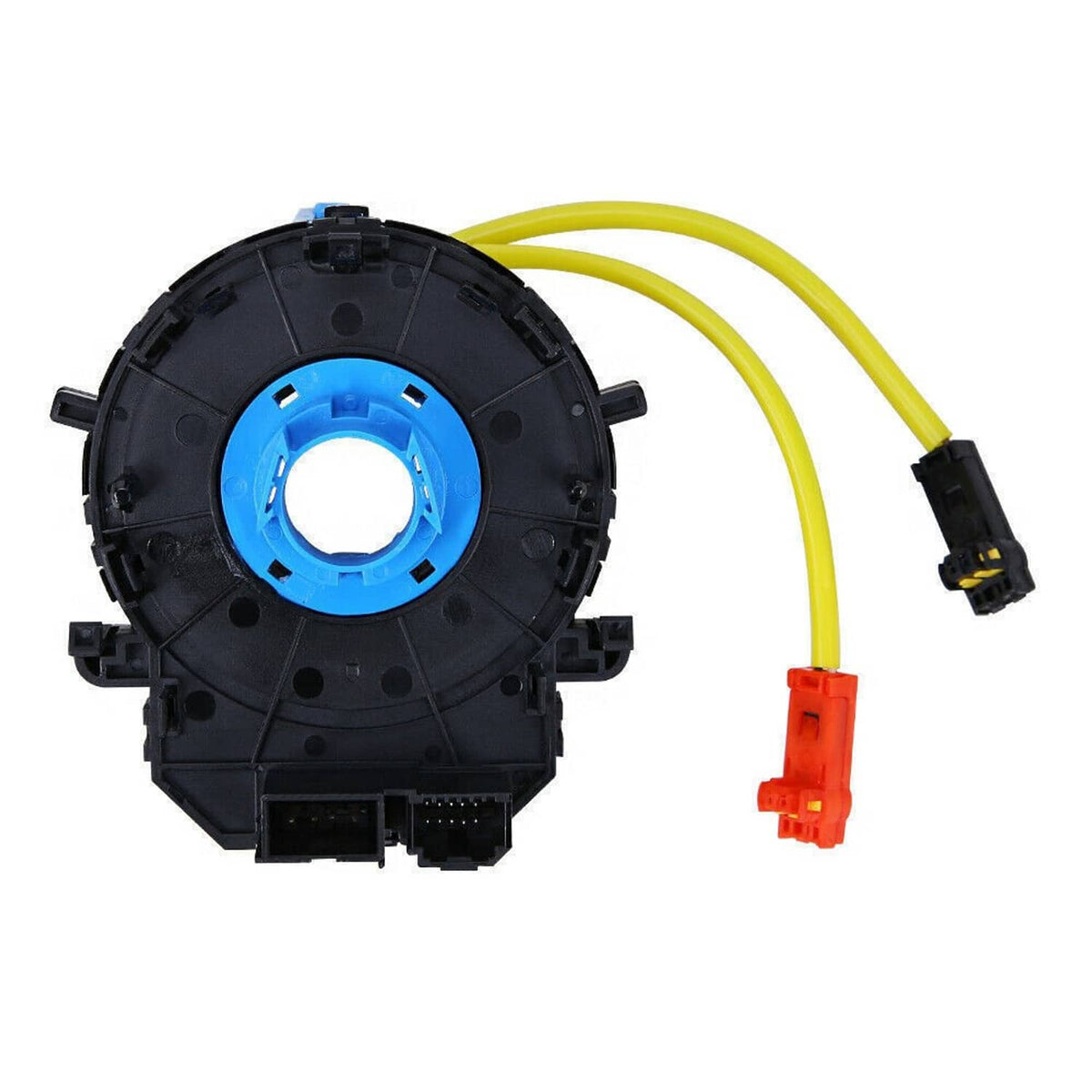 Clock spring spiral cable with black reel, blue center, yellow wire, red and black connectors