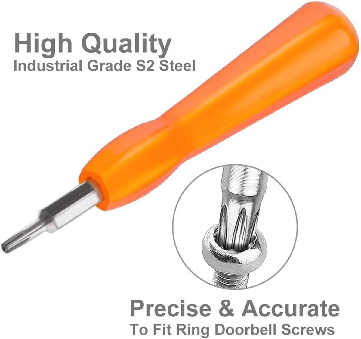 Orange-and-silver Torx screwdriver with close-up of threaded steel bit tip