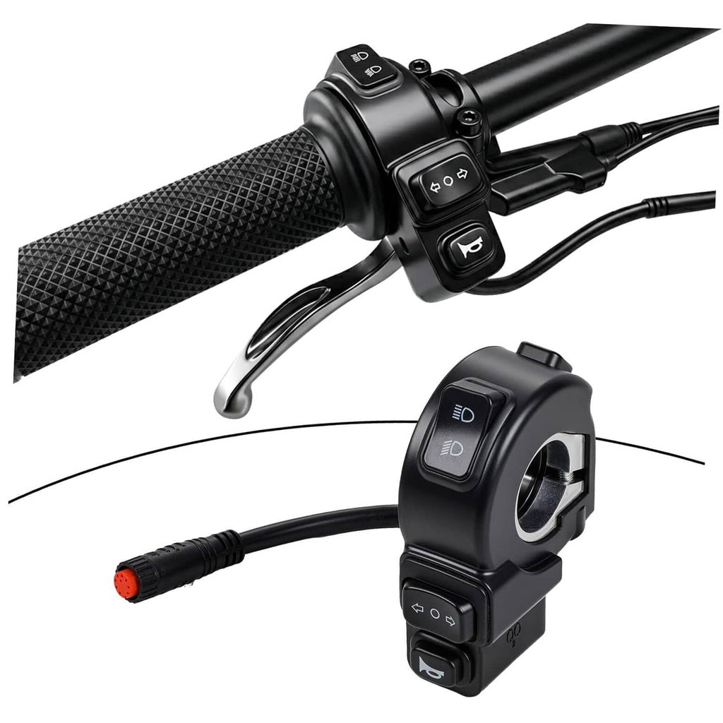 Black handlebar-mounted electric headlight switch assembly with multi-function rocker controls