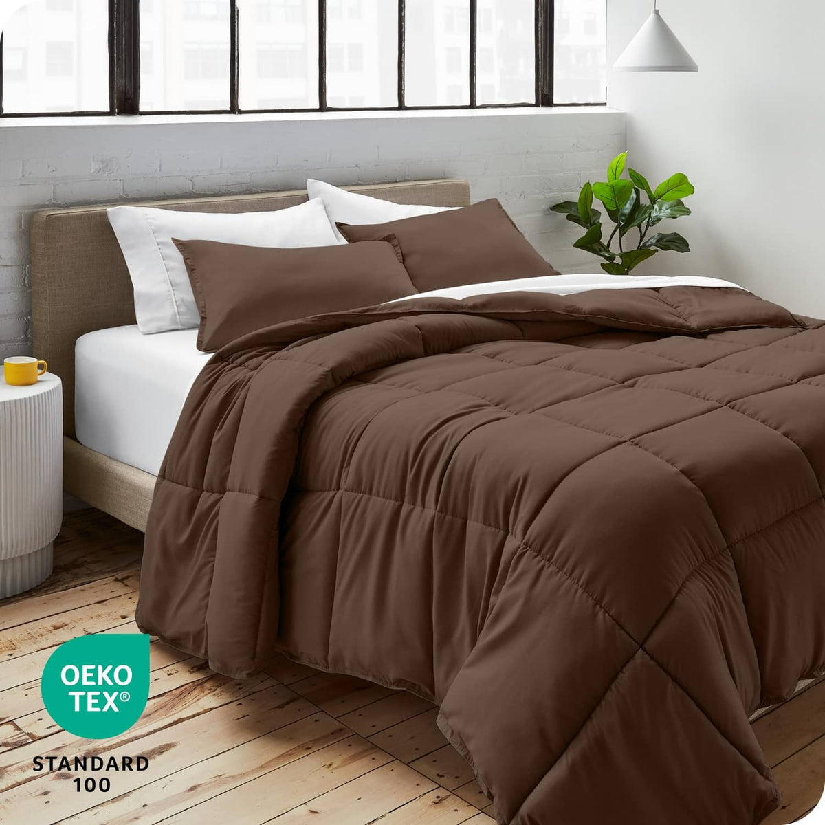 Cocoa brown full comforter set with two shams on a bed