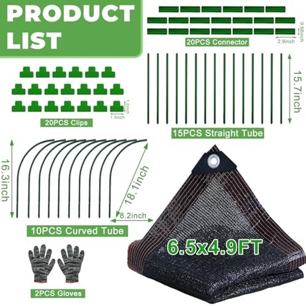 Garden shade cloth kit parts diagram: clips, tubes, connectors, and gloves